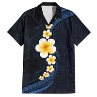 Pacific Hibiscus and Plumeria with Tapa Pattern Family Matching Off Shoulder Short Dress and Hawaiian Shirt Dark Blue Color