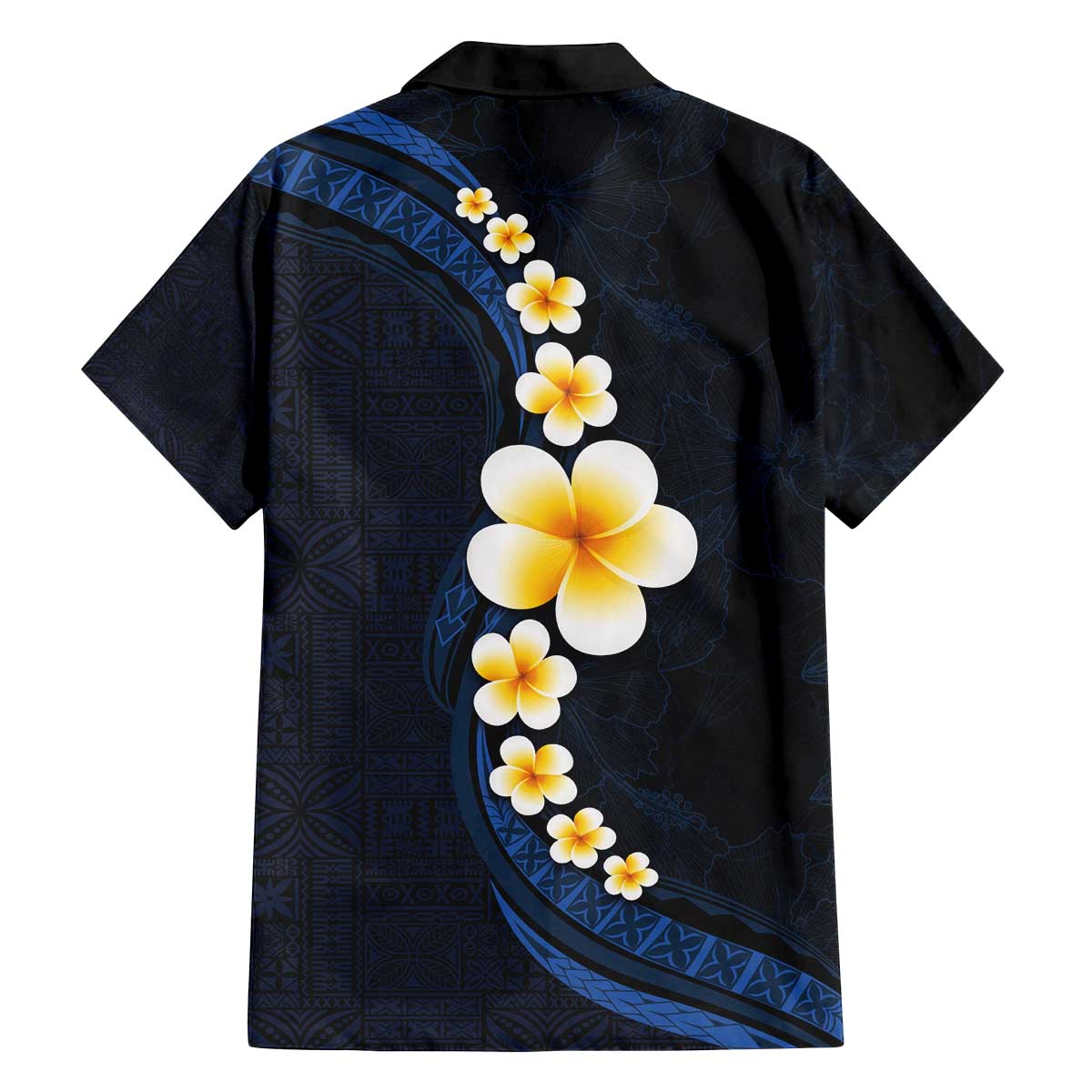 Pacific Hibiscus and Plumeria with Tapa Pattern Family Matching Off Shoulder Short Dress and Hawaiian Shirt Dark Blue Color