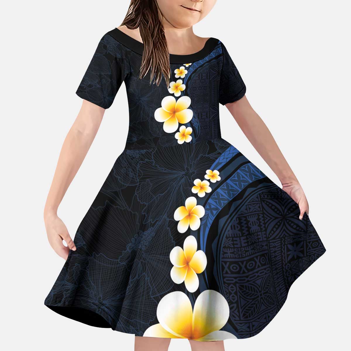 Pacific Hibiscus and Plumeria with Tapa Pattern Family Matching Puletasi and Hawaiian Shirt Dark Blue Color