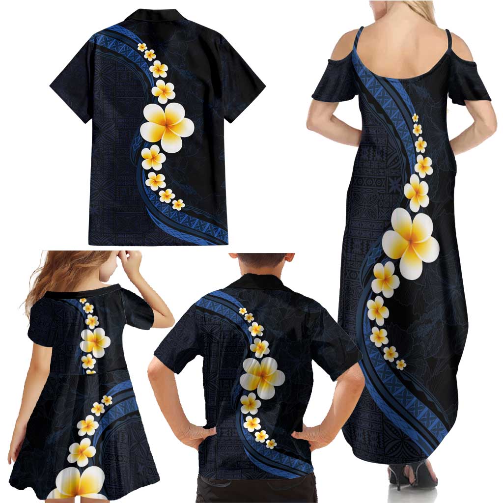 Pacific Hibiscus and Plumeria with Tapa Pattern Family Matching Summer Maxi Dress and Hawaiian Shirt Dark Blue Color