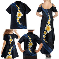Pacific Hibiscus and Plumeria with Tapa Pattern Family Matching Summer Maxi Dress and Hawaiian Shirt Dark Blue Color