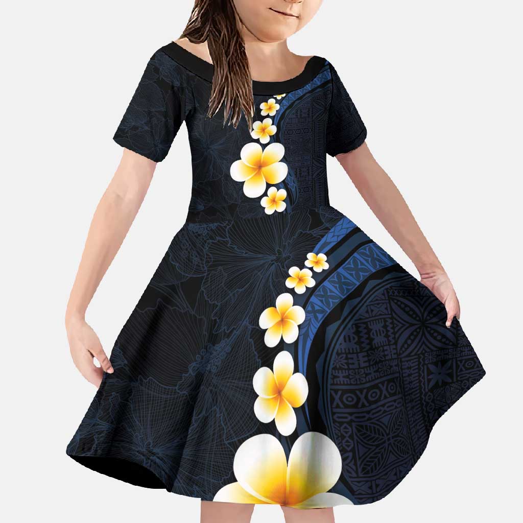 Pacific Hibiscus and Plumeria with Tapa Pattern Family Matching Tank Maxi Dress and Hawaiian Shirt Dark Blue Color LT03 Daughter's Dress Blue - Polynesian Pride