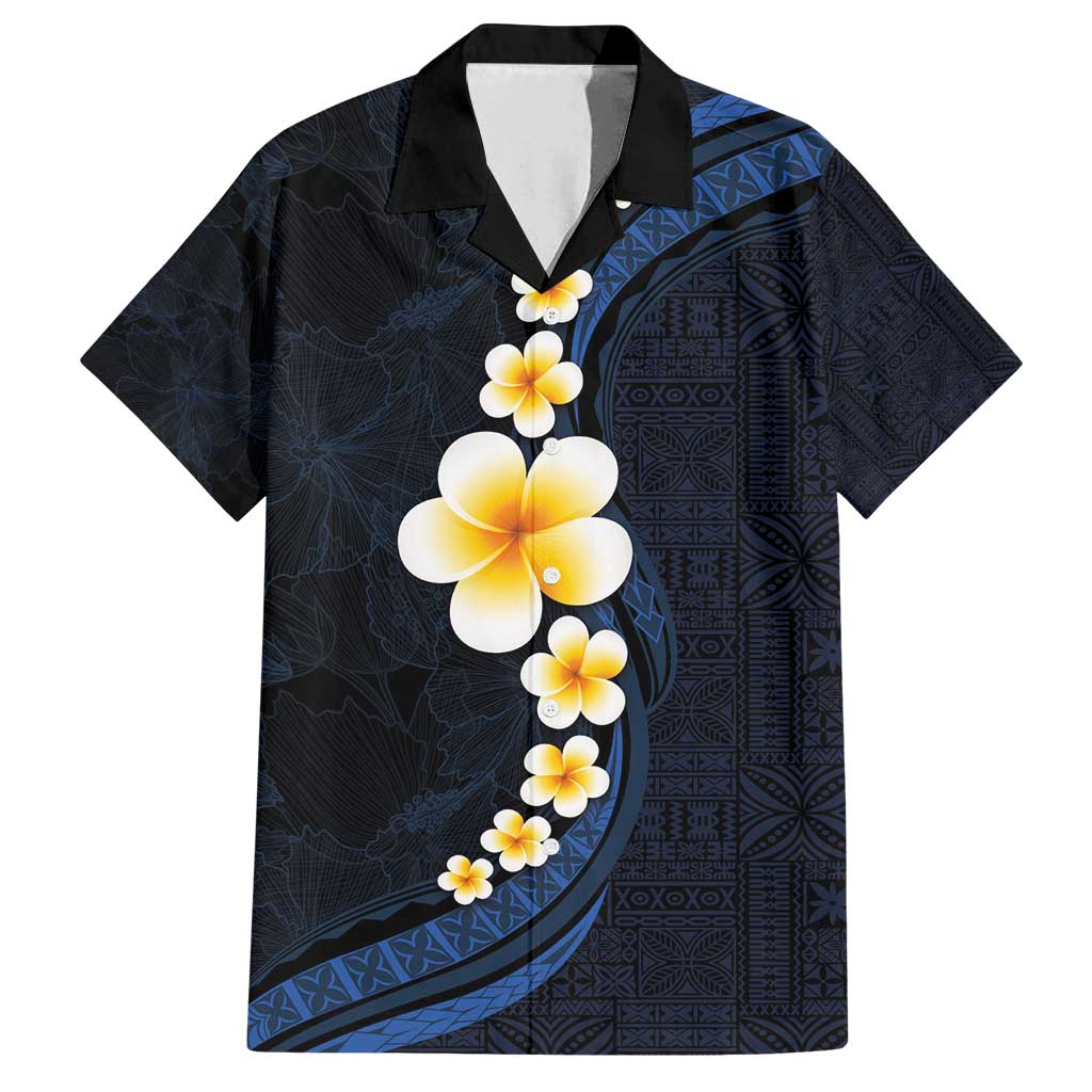 Pacific Hibiscus and Plumeria with Tapa Pattern Family Matching Tank Maxi Dress and Hawaiian Shirt Dark Blue Color LT03 Dad's Shirt - Short Sleeve Blue - Polynesian Pride