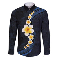 Pacific Hibiscus and Plumeria with Tapa Pattern Family Matching Tank Maxi Dress and Hawaiian Shirt Dark Blue Color LT03 Dad's Shirt - Long Sleeve Blue - Polynesian Pride