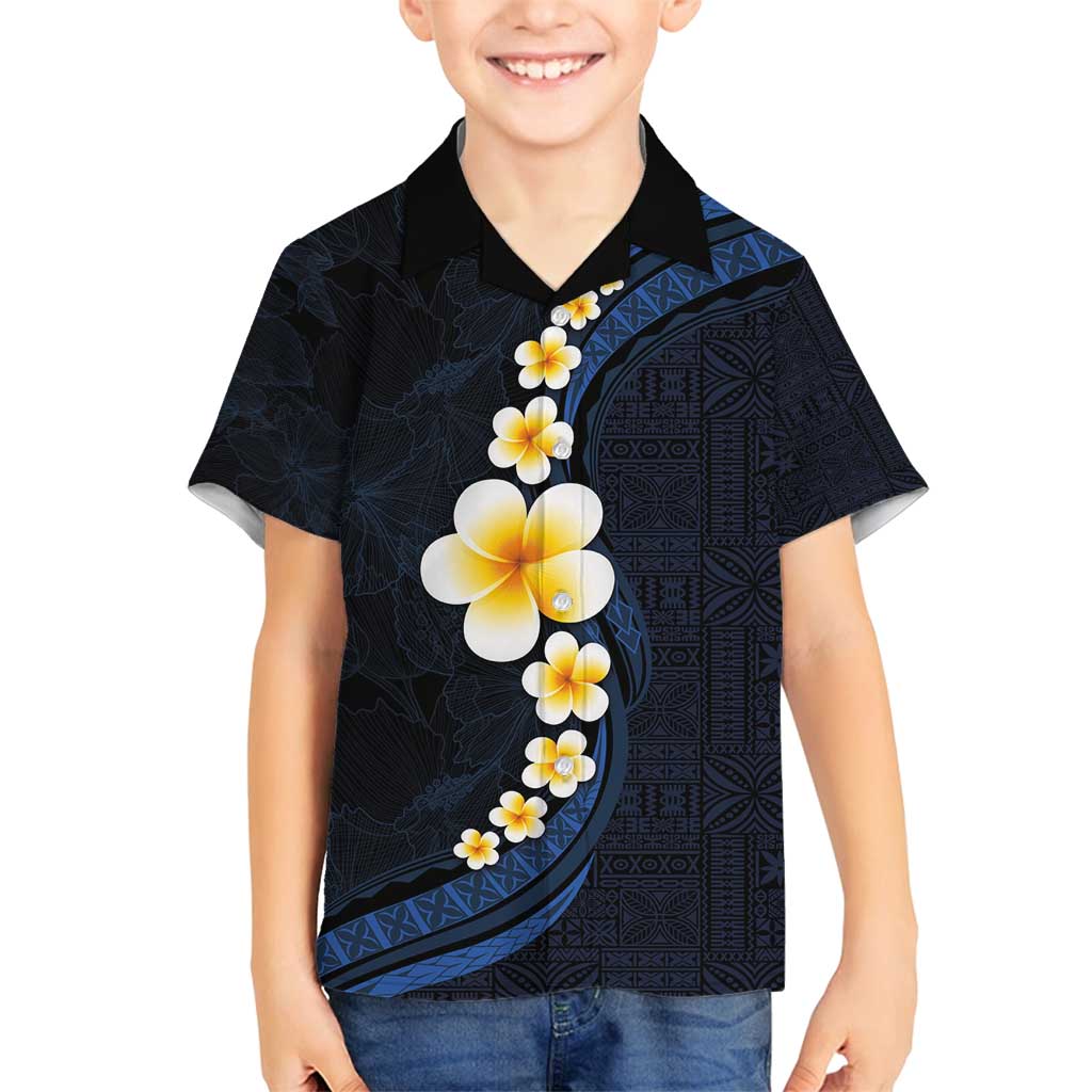 Pacific Hibiscus and Plumeria with Tapa Pattern Family Matching Tank Maxi Dress and Hawaiian Shirt Dark Blue Color LT03 Son's Shirt Blue - Polynesian Pride