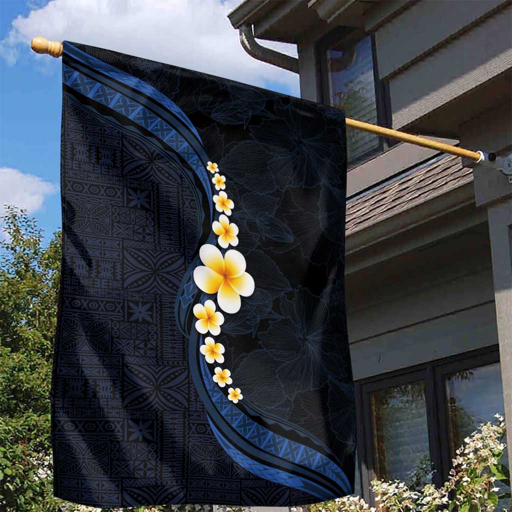 Pacific Hibiscus and Plumeria with Tapa Pattern Garden Flag Dark Blue Color