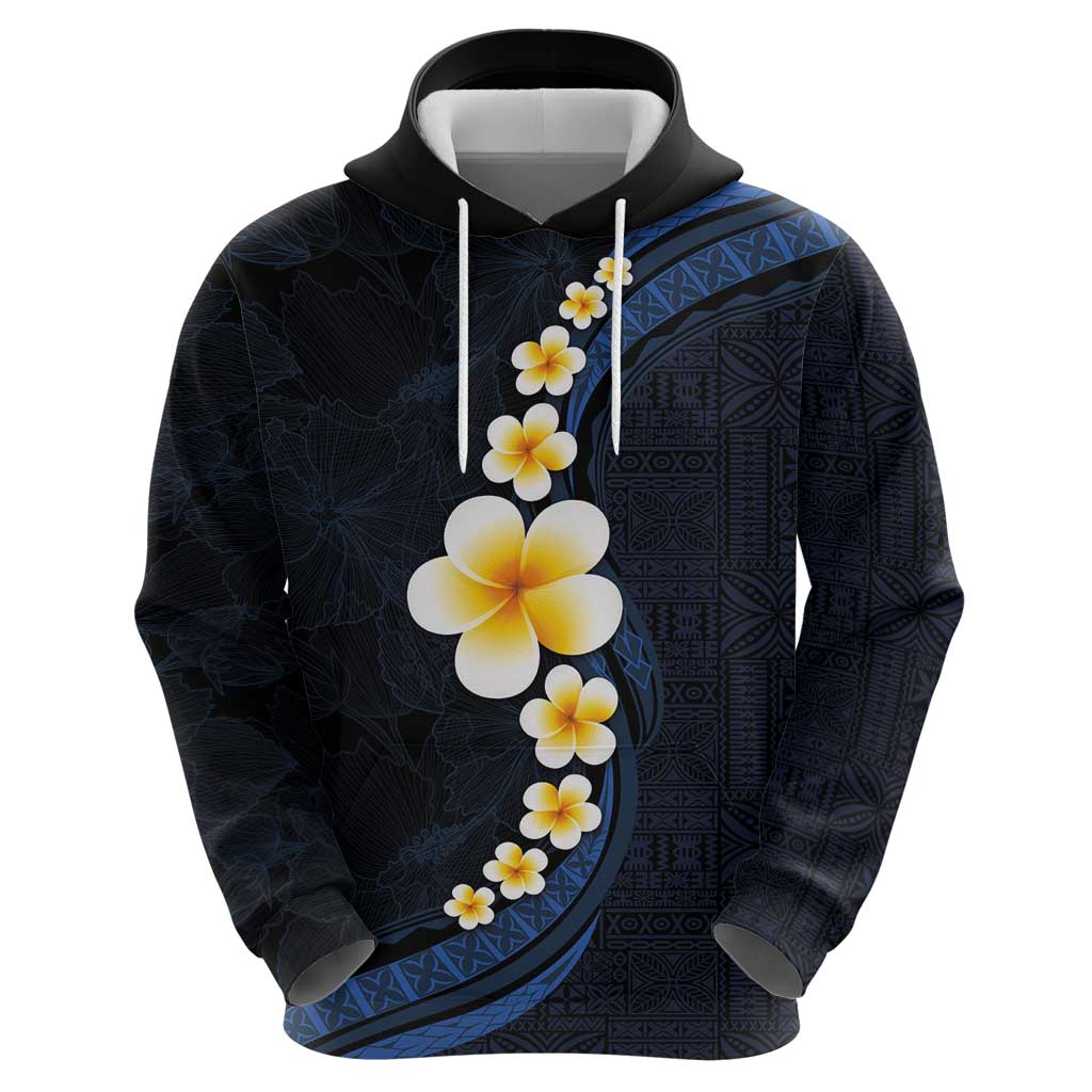 Pacific Hibiscus and Plumeria with Tapa Pattern Hoodie Dark Blue Color