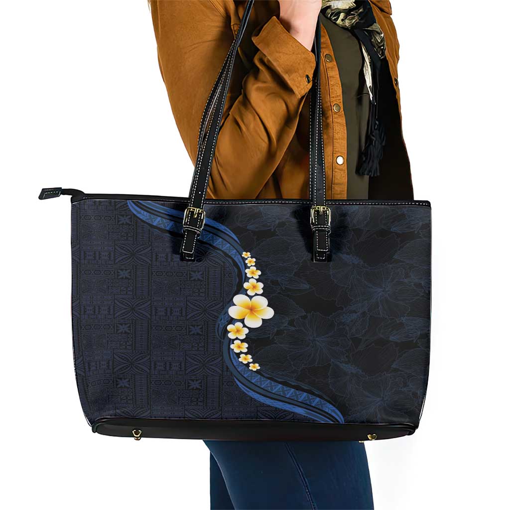 Pacific Hibiscus and Plumeria with Tapa Pattern Leather Tote Bag Dark Blue Color
