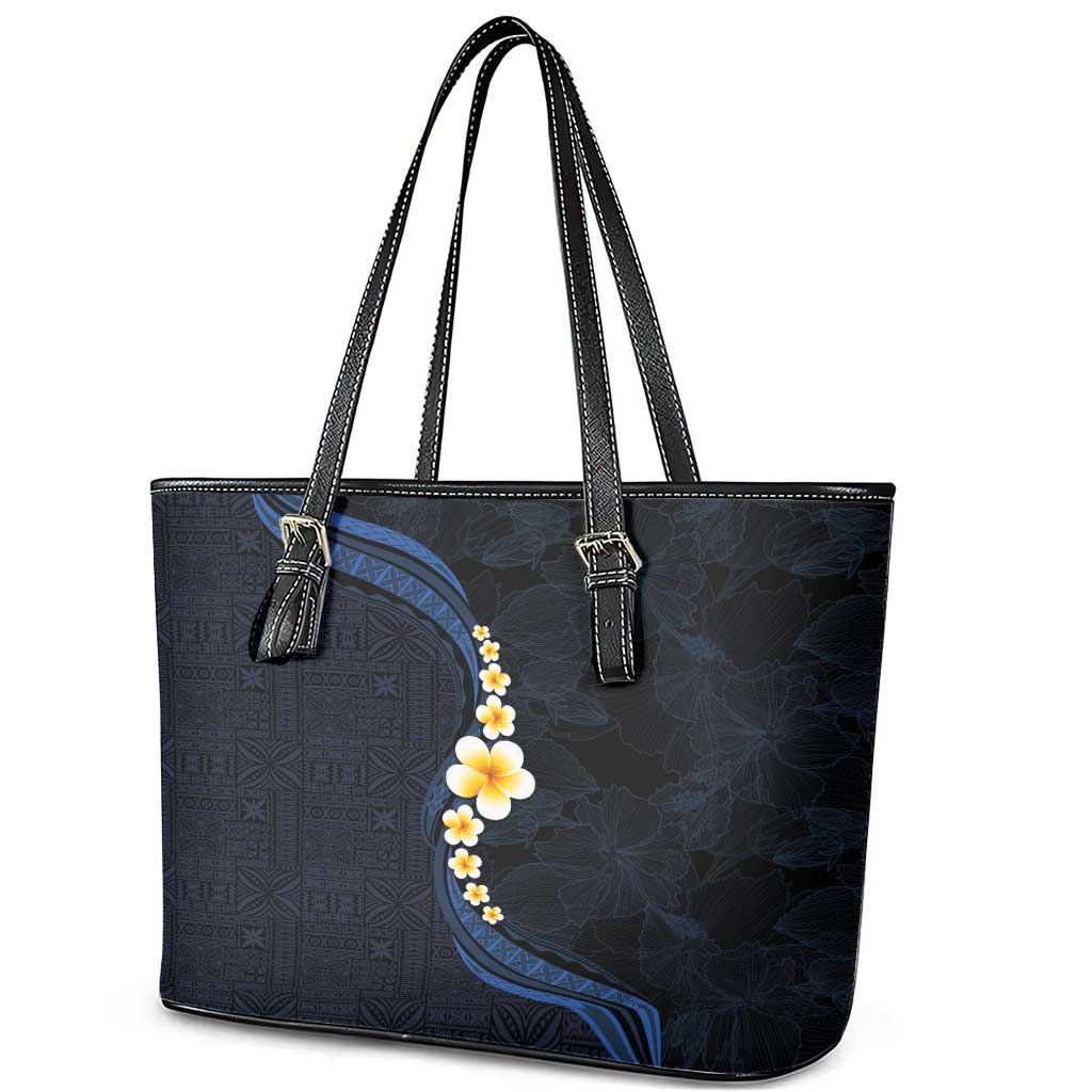 Pacific Hibiscus and Plumeria with Tapa Pattern Leather Tote Bag Dark Blue Color