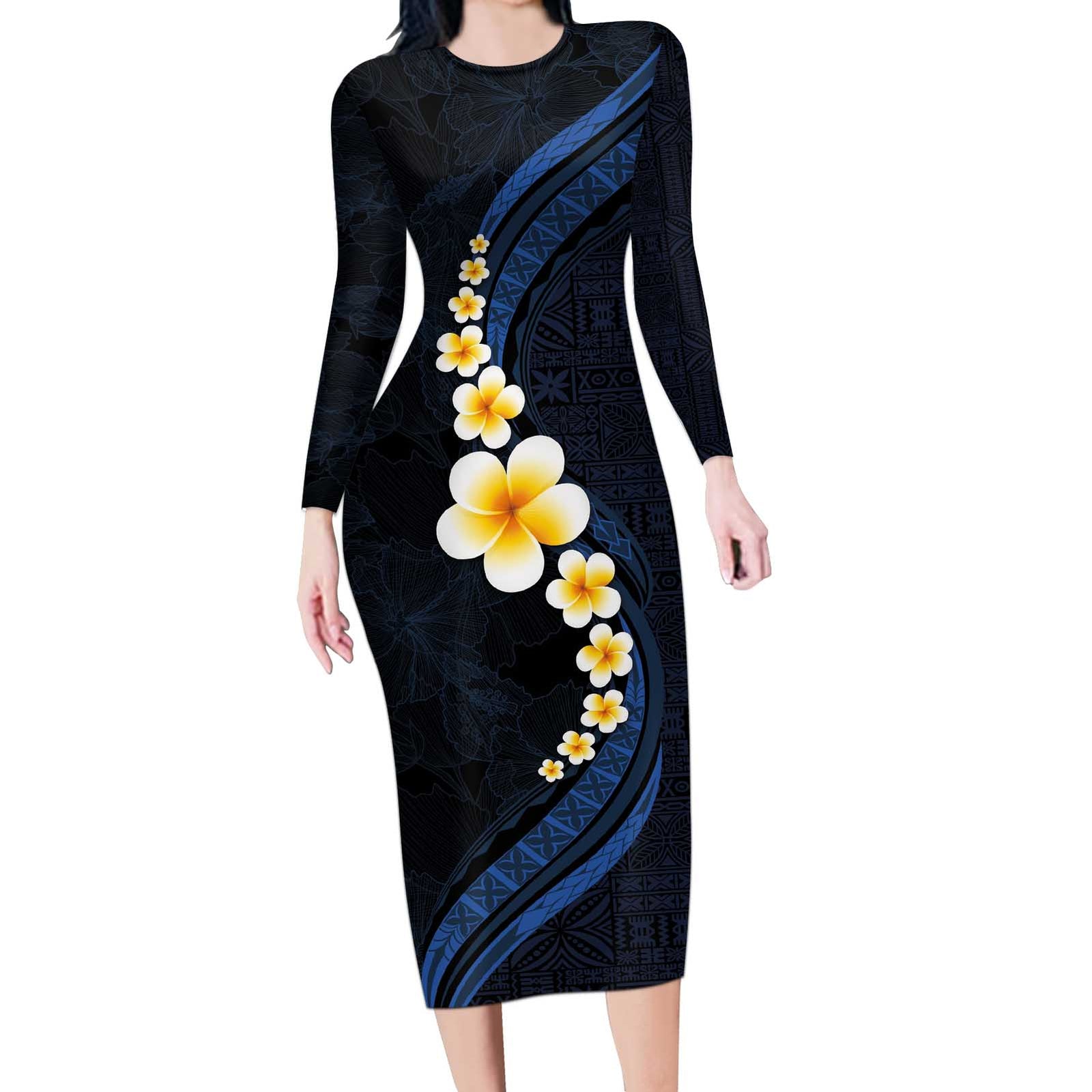 Pacific Hibiscus and Plumeria with Tapa Pattern Long Sleeve Bodycon Dress Dark Blue Color LT03 Long Dress Blue - Polynesian Pride