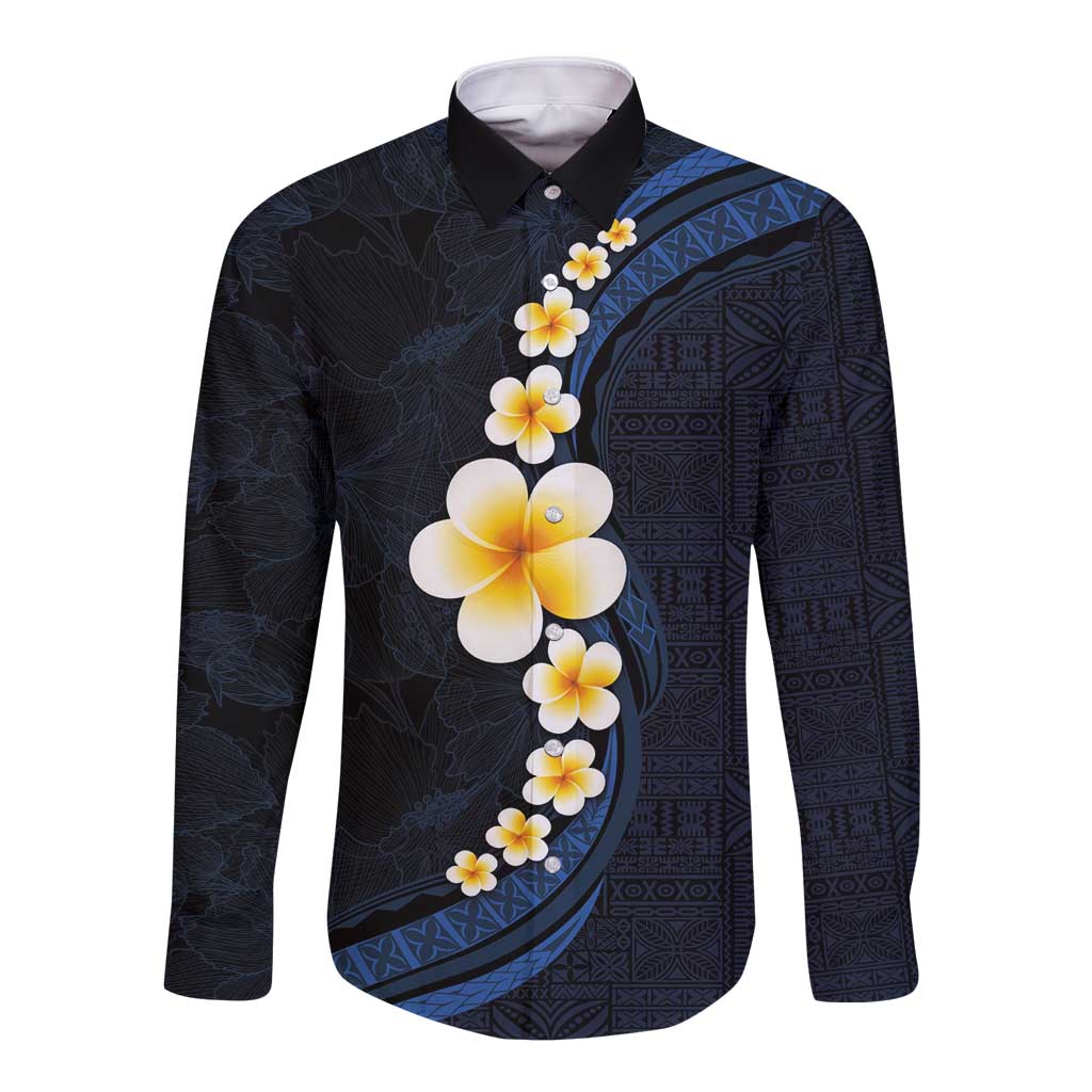 Pacific Hibiscus and Plumeria with Tapa Pattern Long Sleeve Button Shirt Dark Blue Color LT03 Unisex Blue - Polynesian Pride