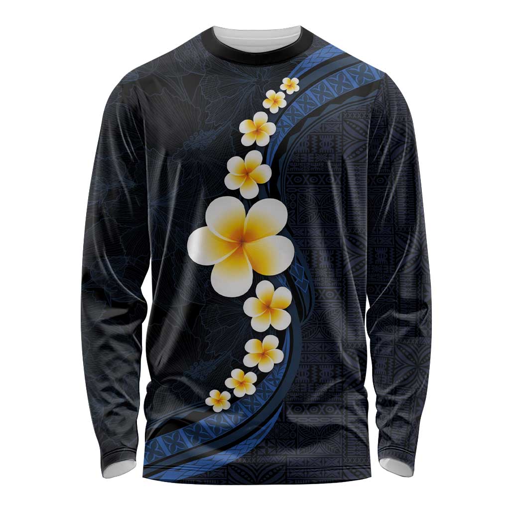 Pacific Hibiscus and Plumeria with Tapa Pattern Long Sleeve Shirt Dark Blue Color LT03 Unisex Blue - Polynesian Pride