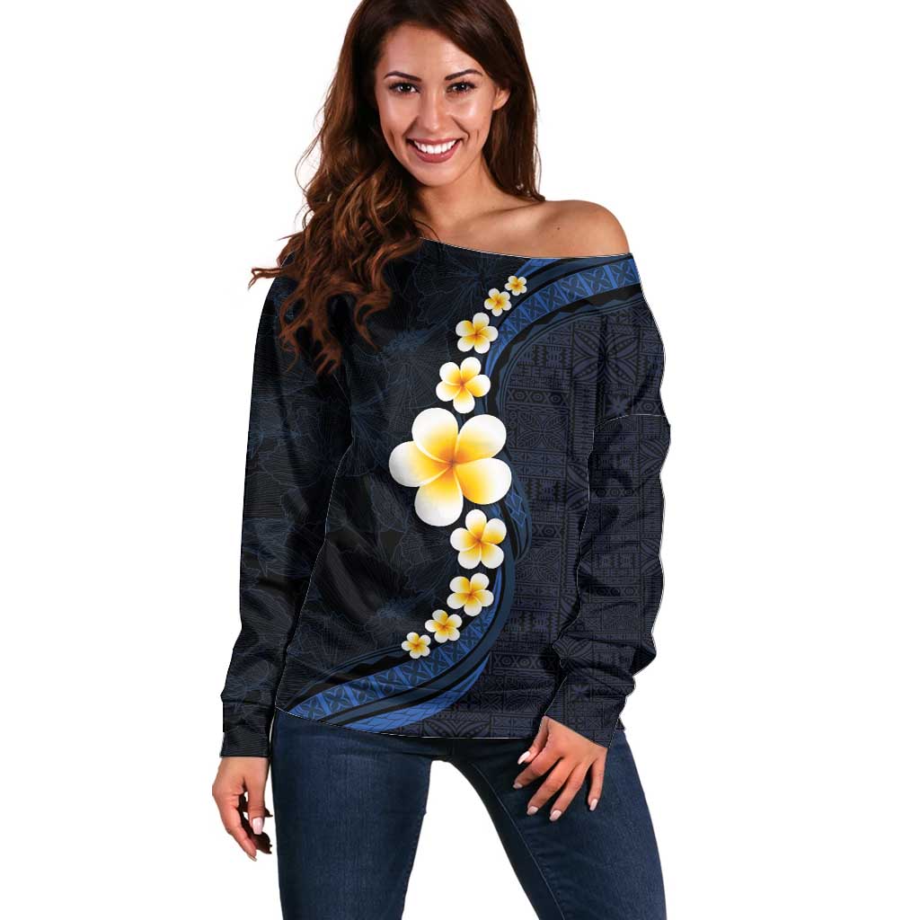 Pacific Hibiscus and Plumeria with Tapa Pattern Off Shoulder Sweater Dark Blue Color LT03 Women Blue - Polynesian Pride