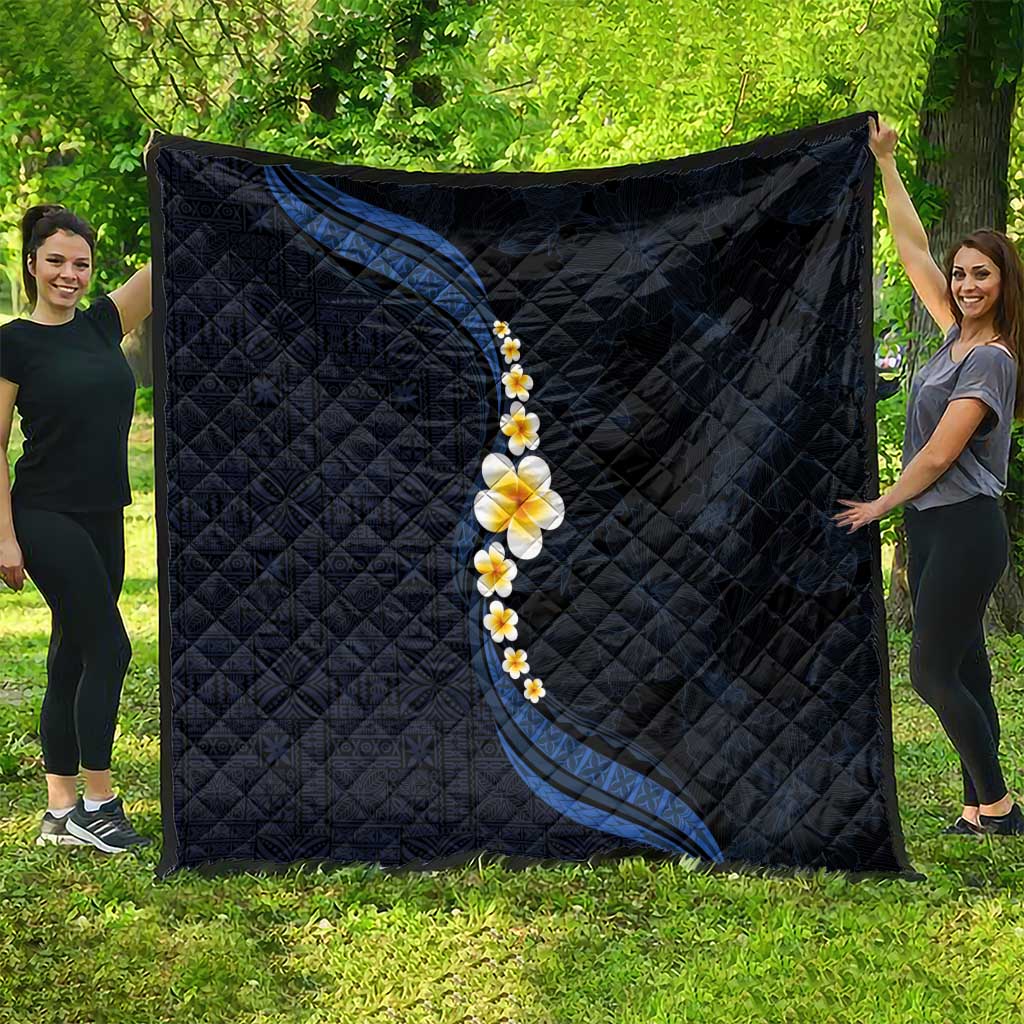 Pacific Hibiscus and Plumeria with Tapa Pattern Quilt Dark Blue Color