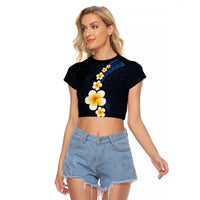 Pacific Hibiscus and Plumeria with Tapa Pattern Raglan Cropped T Shirt Dark Blue Color