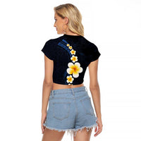 Pacific Hibiscus and Plumeria with Tapa Pattern Raglan Cropped T Shirt Dark Blue Color