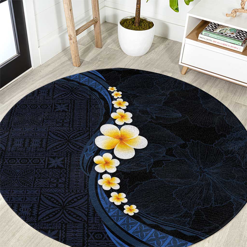 Pacific Hibiscus and Plumeria with Tapa Pattern Round Carpet Dark Blue Color LT03 Blue - Polynesian Pride
