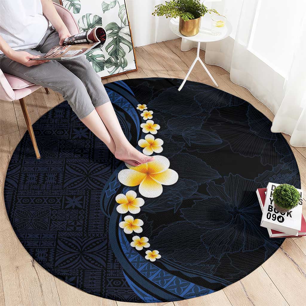 Pacific Hibiscus and Plumeria with Tapa Pattern Round Carpet Dark Blue Color LT03 - Polynesian Pride