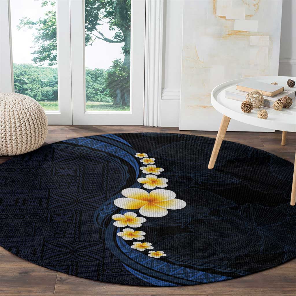 Pacific Hibiscus and Plumeria with Tapa Pattern Round Carpet Dark Blue Color LT03 - Polynesian Pride