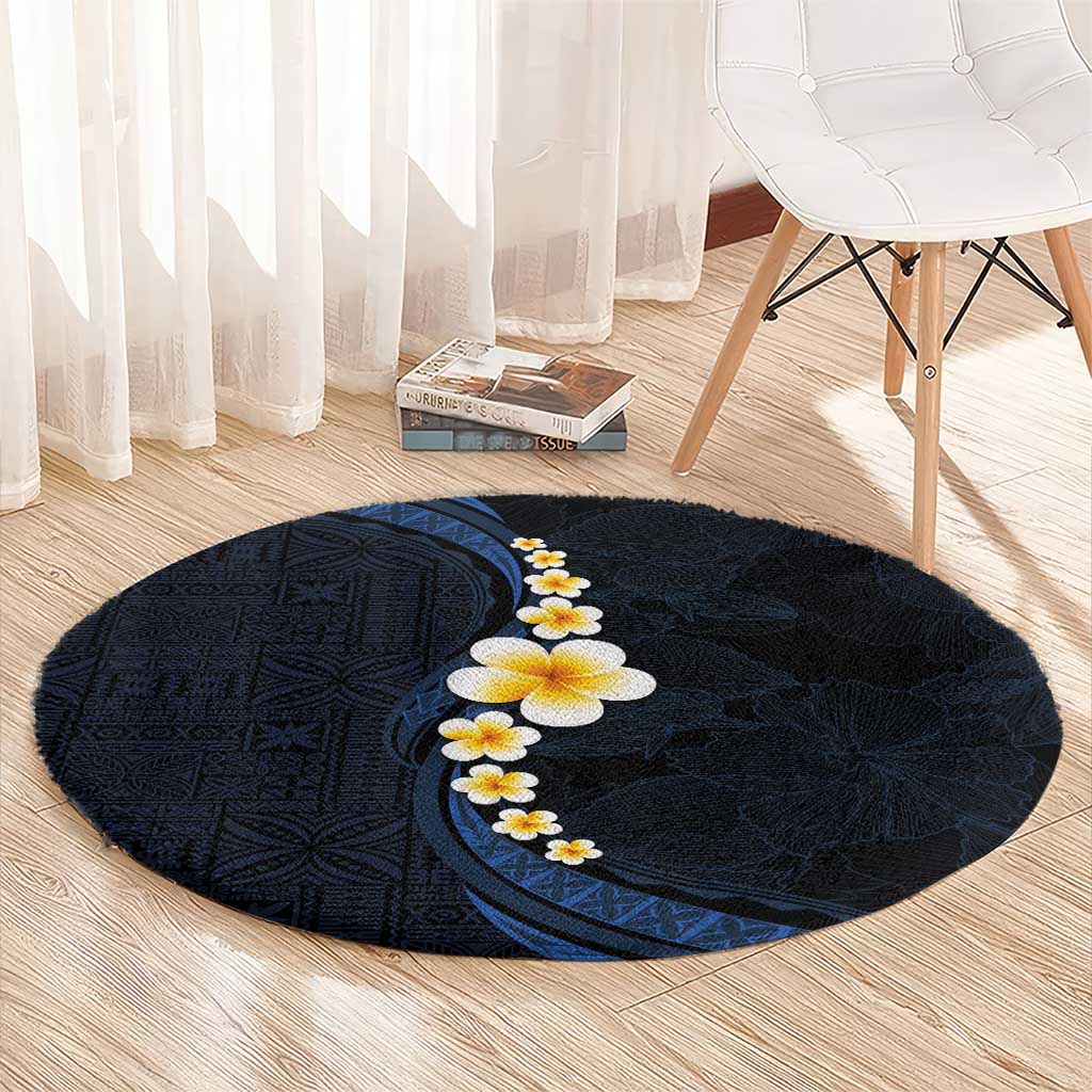 Pacific Hibiscus and Plumeria with Tapa Pattern Round Carpet Dark Blue Color LT03 - Polynesian Pride