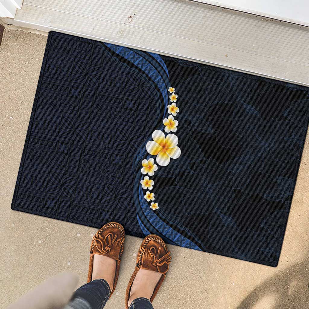 Pacific Hibiscus and Plumeria with Tapa Pattern Rubber Doormat Dark Blue Color LT03 - Polynesian Pride