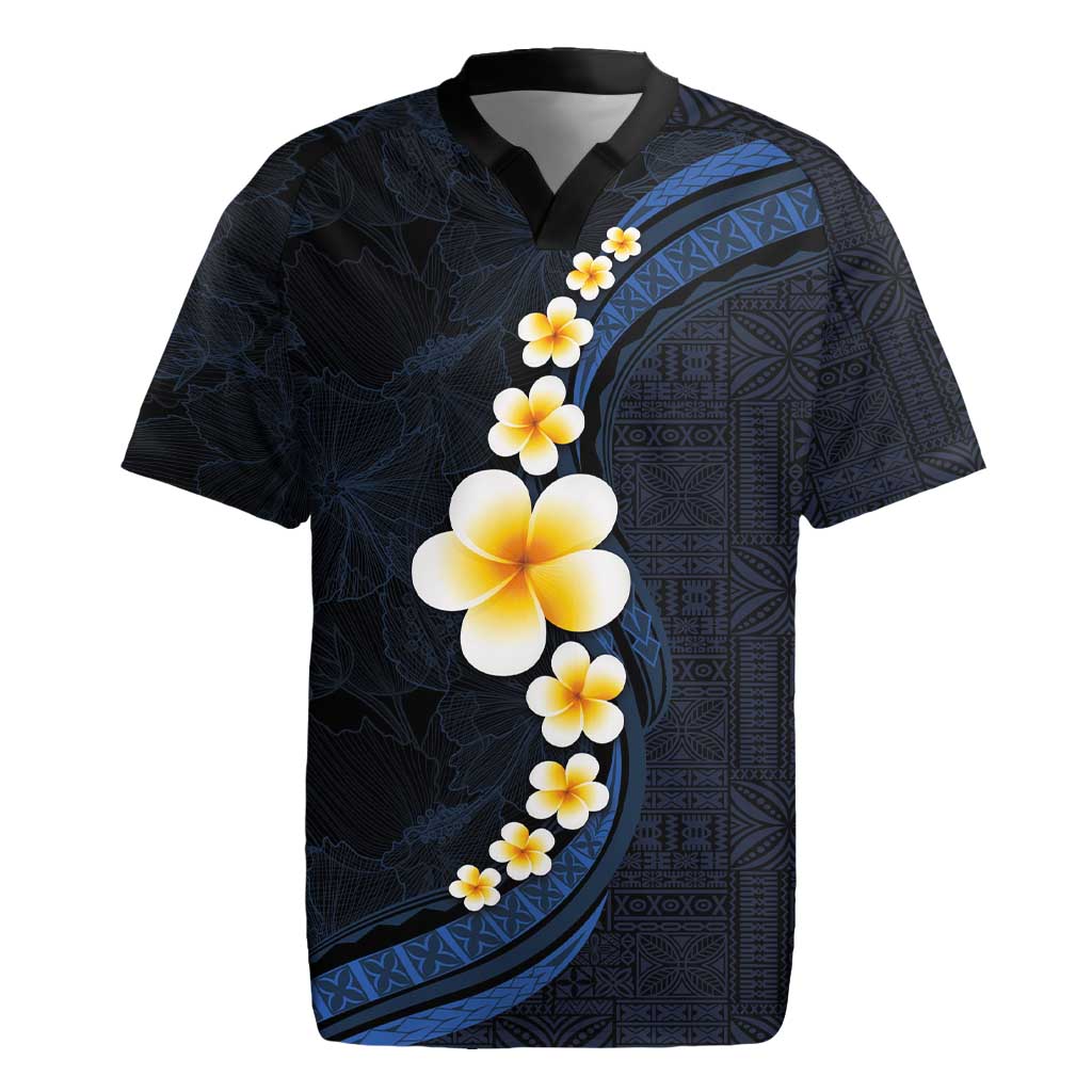 Pacific Hibiscus and Plumeria with Tapa Pattern Rugby Jersey Dark Blue Color