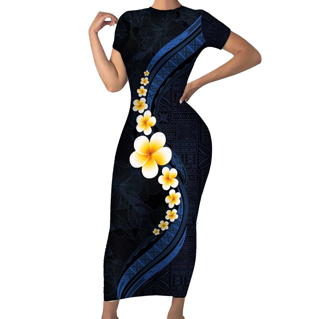 Pacific Hibiscus and Plumeria with Tapa Pattern Short Sleeve Bodycon Dress Dark Blue Color LT03 Long Dress Blue - Polynesian Pride