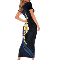 Pacific Hibiscus and Plumeria with Tapa Pattern Short Sleeve Bodycon Dress Dark Blue Color LT03 - Polynesian Pride