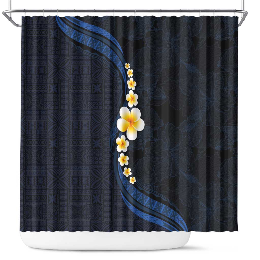 Pacific Hibiscus and Plumeria with Tapa Pattern Shower Curtain Dark Blue Color LT03 Blue - Polynesian Pride