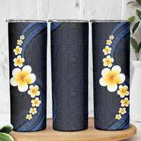 Pacific Hibiscus and Plumeria with Tapa Pattern Skinny Tumbler Dark Blue Color