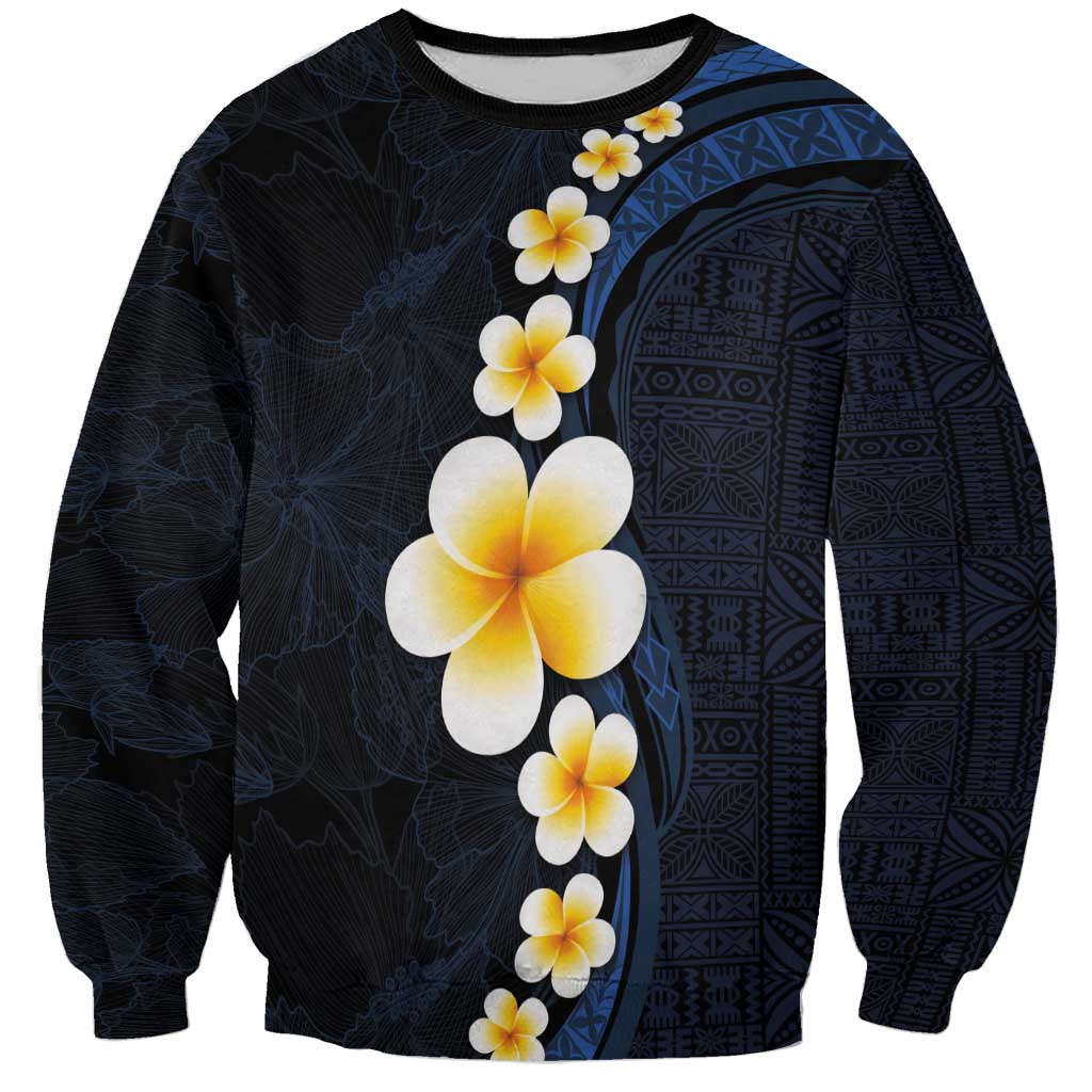 Pacific Hibiscus and Plumeria with Tapa Pattern Sweatshirt Dark Blue Color