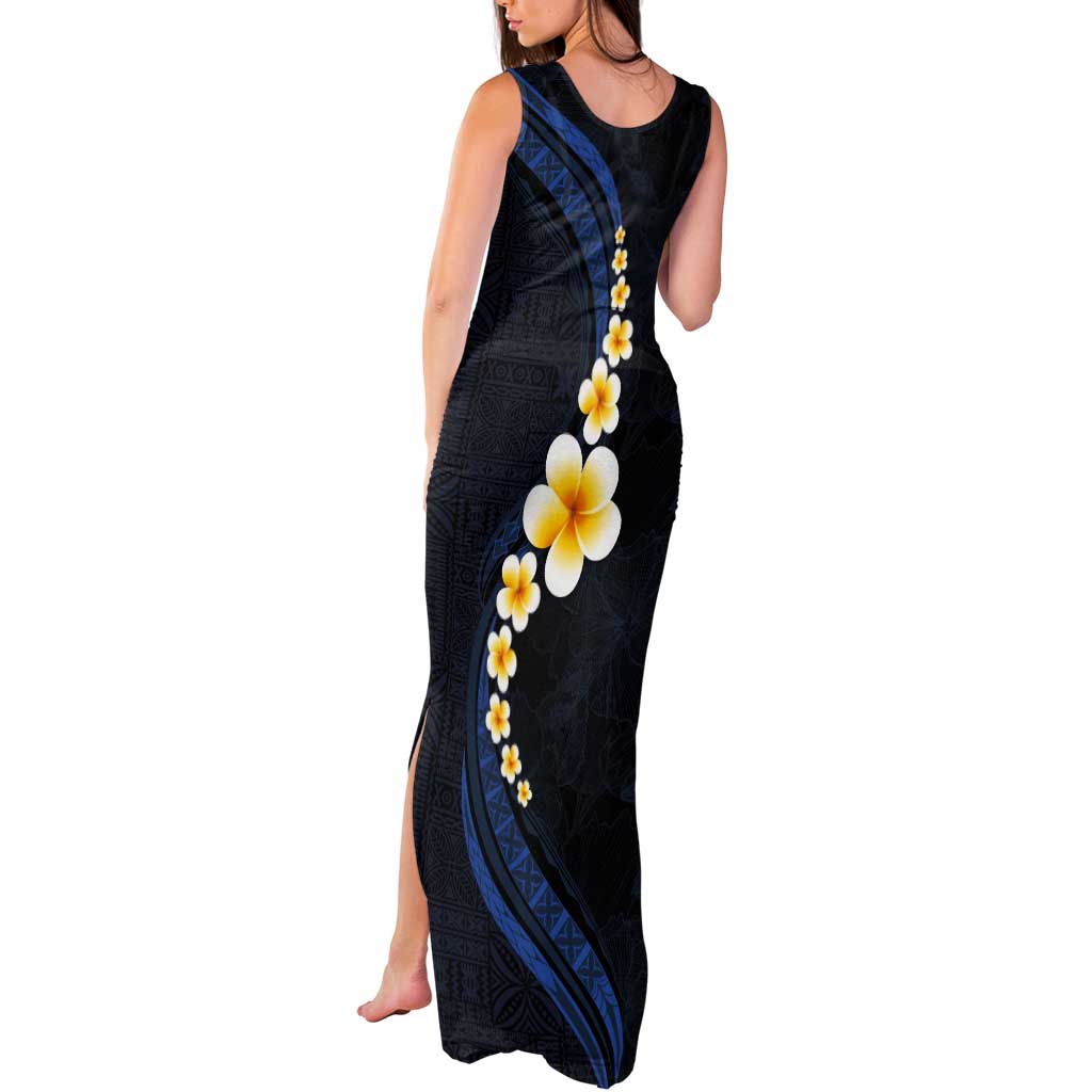 Pacific Hibiscus and Plumeria with Tapa Pattern Tank Maxi Dress Dark Blue Color