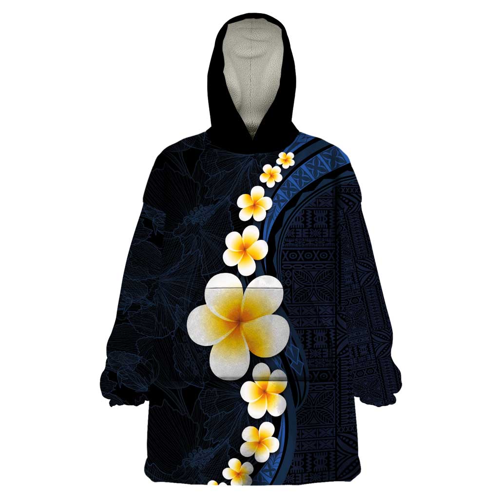 Pacific Hibiscus and Plumeria with Tapa Pattern Wearable Blanket Hoodie Dark Blue Color LT03 One Size Blue - Polynesian Pride