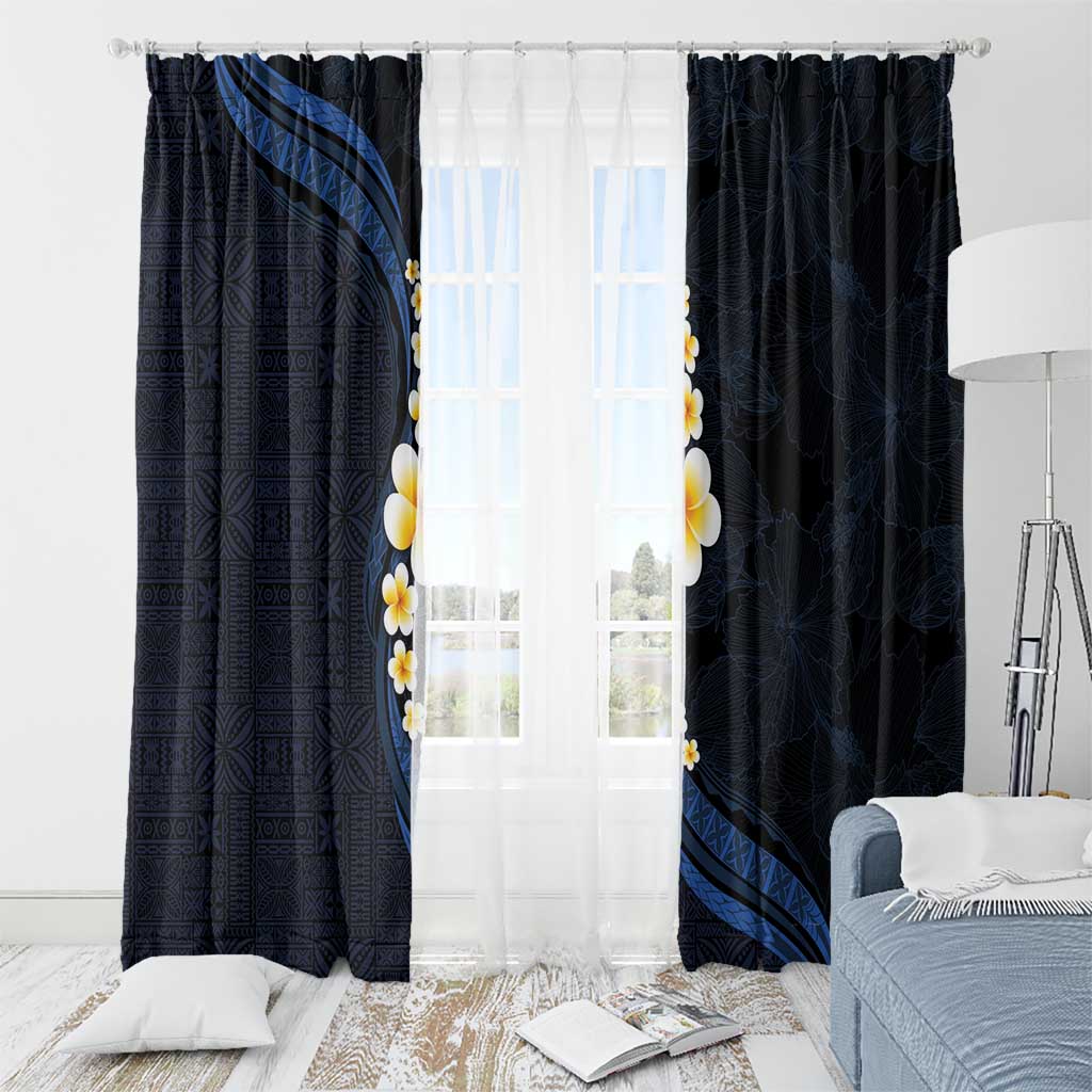 Pacific Hibiscus and Plumeria with Tapa Pattern Window Curtain Dark Blue Color