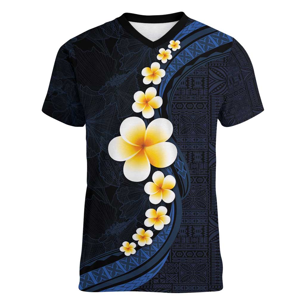 Pacific Hibiscus and Plumeria with Tapa Pattern Women V-Neck T-Shirt Dark Blue Color LT03 Female Blue - Polynesian Pride
