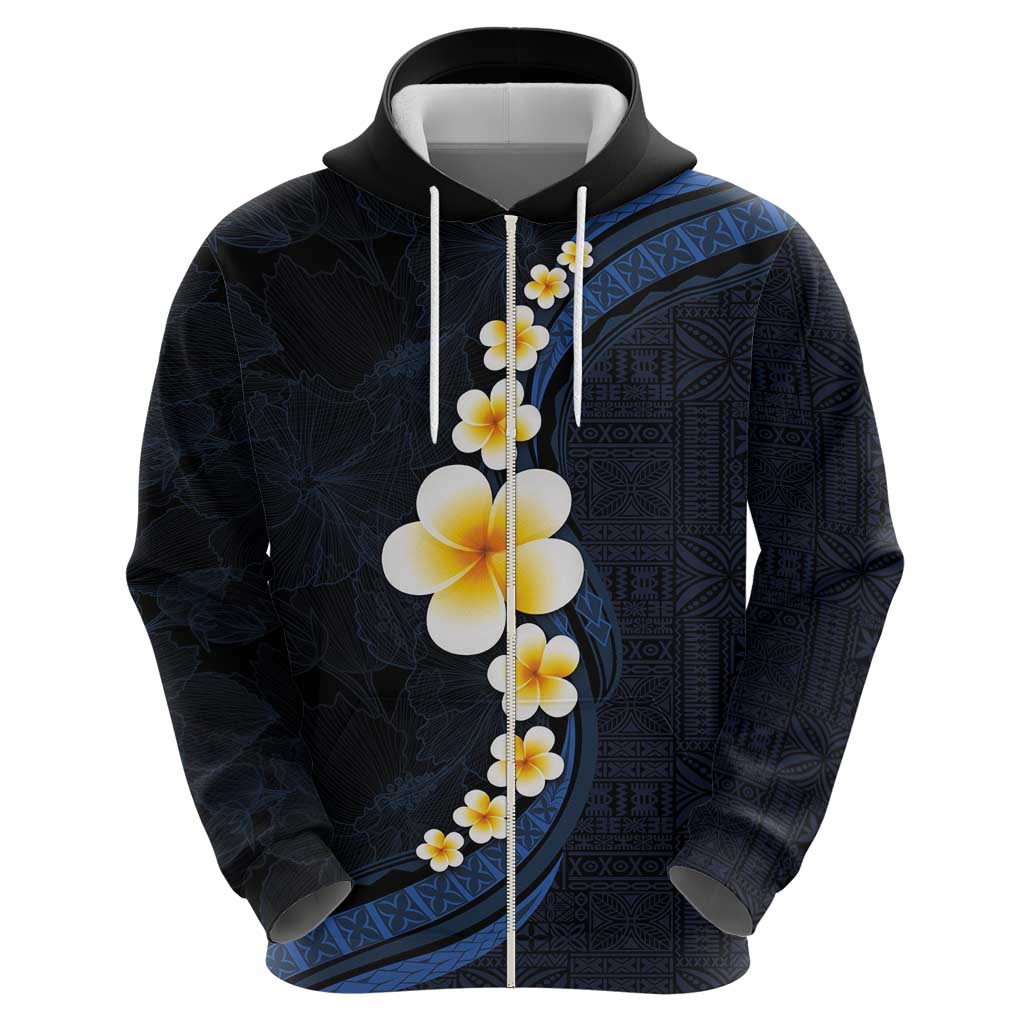 Pacific Hibiscus and Plumeria with Tapa Pattern Zip Hoodie Dark Blue Color LT03 - Polynesian Pride
