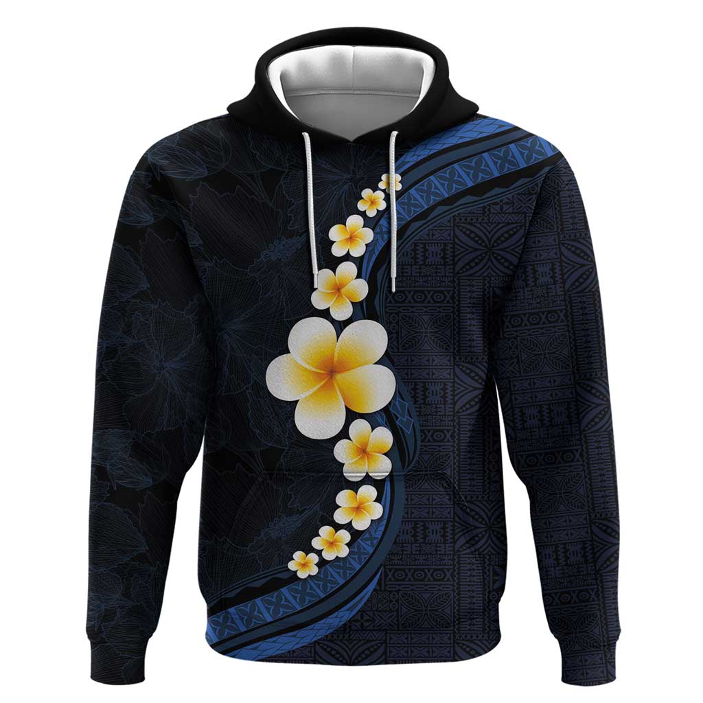 Pacific Hibiscus and Plumeria with Tapa Pattern Zip Hoodie Dark Blue Color LT03 Pullover Hoodie Blue - Polynesian Pride