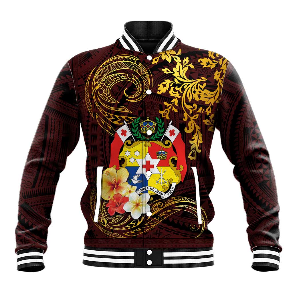 Tonga Ngatu and Hibiscus with Polynesian Tattoo Baseball Jacket Gold and Oxblood Color LT03 Unisex Oxblood - Polynesian Pride