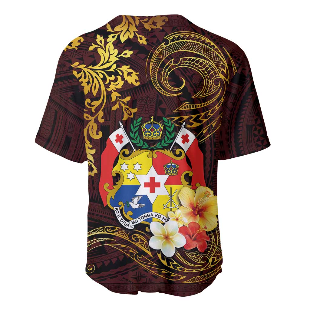 Tonga Ngatu and Hibiscus with Polynesian Tattoo Baseball Jersey Gold and Oxblood Color LT03 - Polynesian Pride