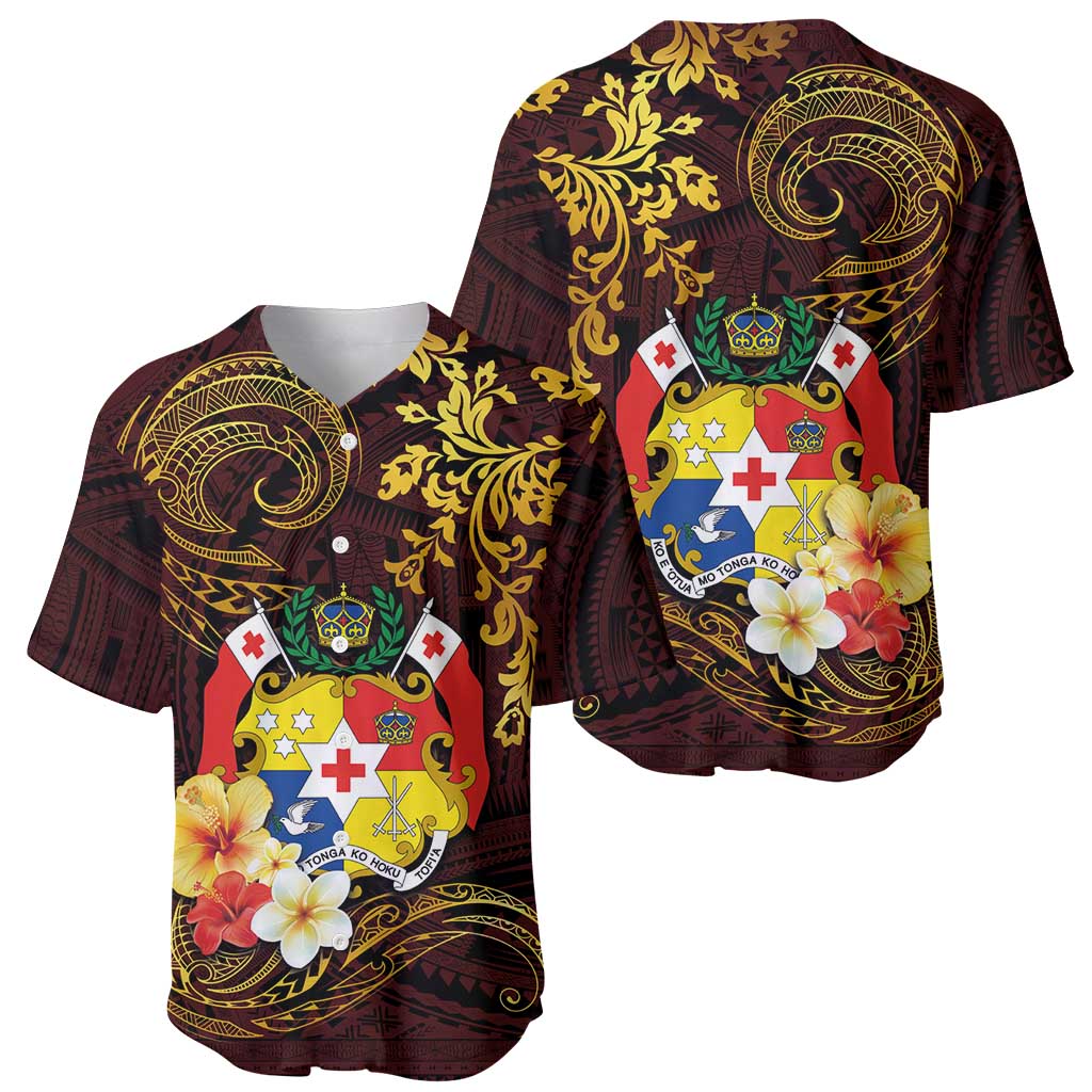 Tonga Ngatu and Hibiscus with Polynesian Tattoo Baseball Jersey Gold and Oxblood Color LT03 - Polynesian Pride
