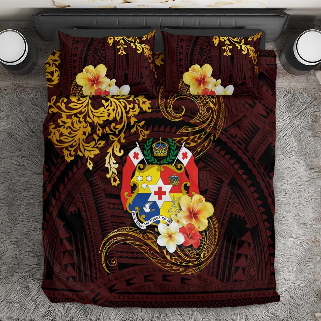 Tonga Ngatu and Hibiscus with Polynesian Tattoo Bedding Set Gold and Oxblood Color LT03 Oxblood - Polynesian Pride