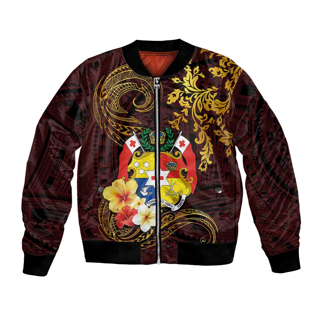 Tonga Ngatu and Hibiscus with Polynesian Tattoo Bomber Jacket Gold and Oxblood Color LT03 Unisex Oxblood - Polynesian Pride