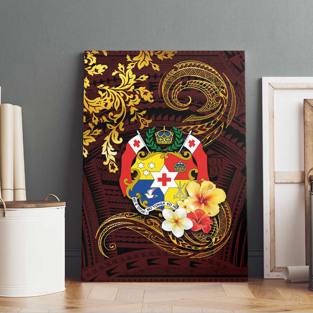 Tonga Ngatu and Hibiscus with Polynesian Tattoo Canvas Wall Art Gold and Oxblood Color