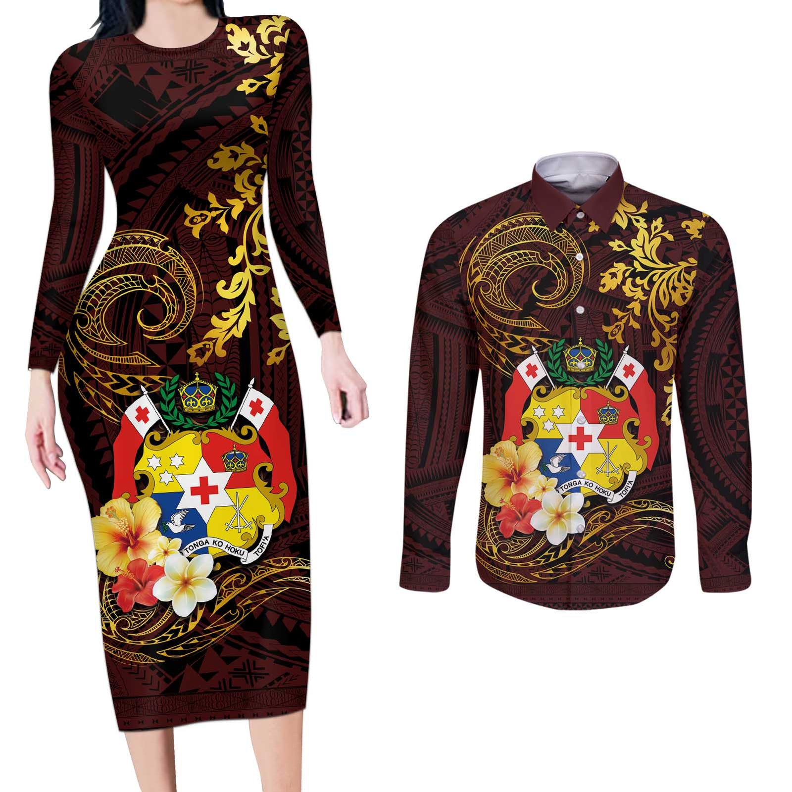 Tonga Ngatu and Hibiscus with Polynesian Tattoo Couples Matching Long Sleeve Bodycon Dress and Long Sleeve Button Shirt Gold and Oxblood Color LT03 Oxblood - Polynesian Pride