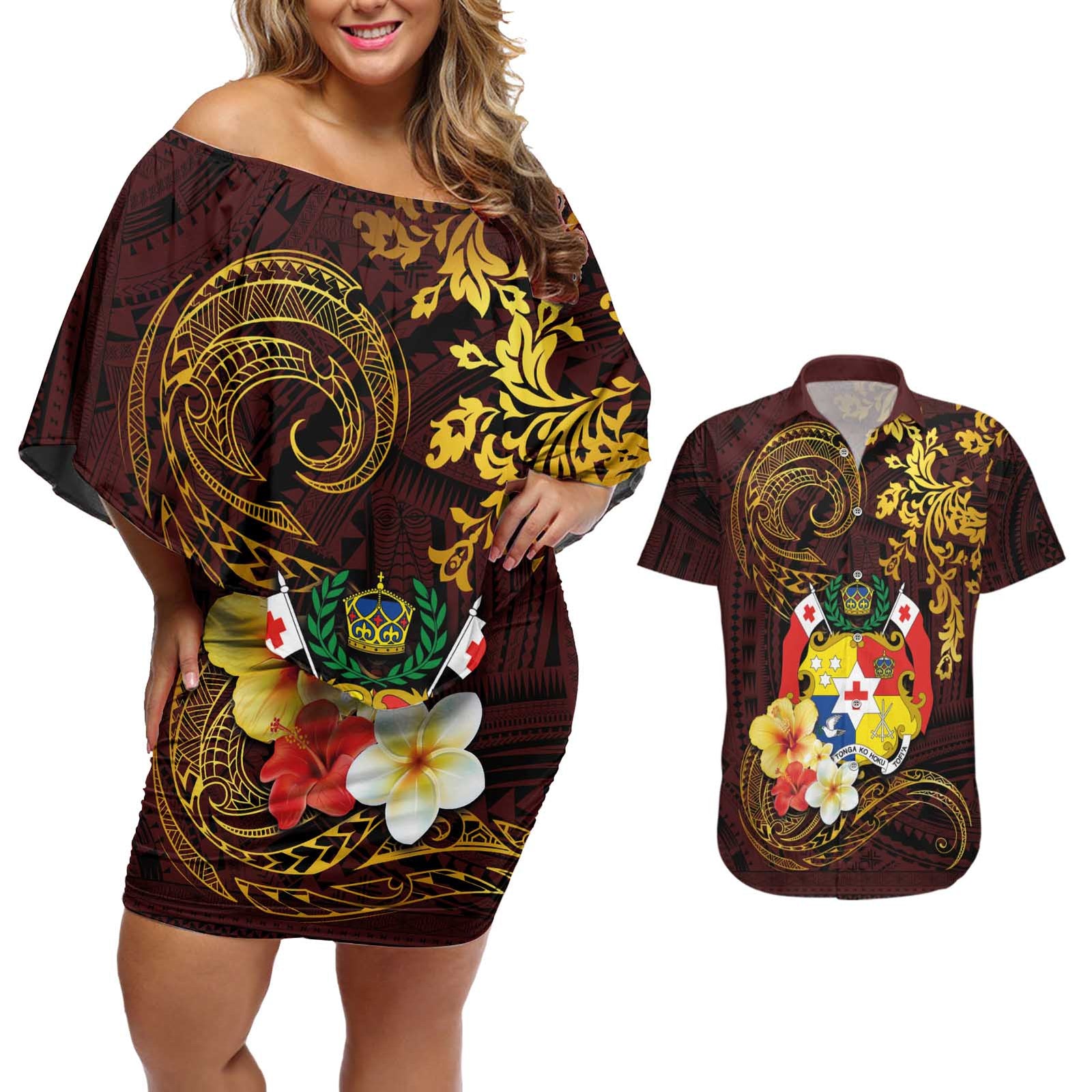 Tonga Ngatu and Hibiscus with Polynesian Tattoo Couples Matching Off Shoulder Short Dress and Hawaiian Shirt Gold and Oxblood Color LT03 Oxblood - Polynesian Pride
