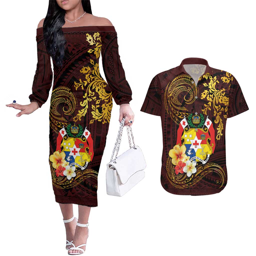 Tonga Ngatu and Hibiscus with Polynesian Tattoo Couples Matching Off The Shoulder Long Sleeve Dress and Hawaiian Shirt Gold and Oxblood Color LT03 Oxblood - Polynesian Pride
