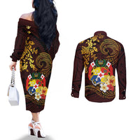 Tonga Ngatu and Hibiscus with Polynesian Tattoo Couples Matching Off The Shoulder Long Sleeve Dress and Long Sleeve Button Shirt Gold and Oxblood Color