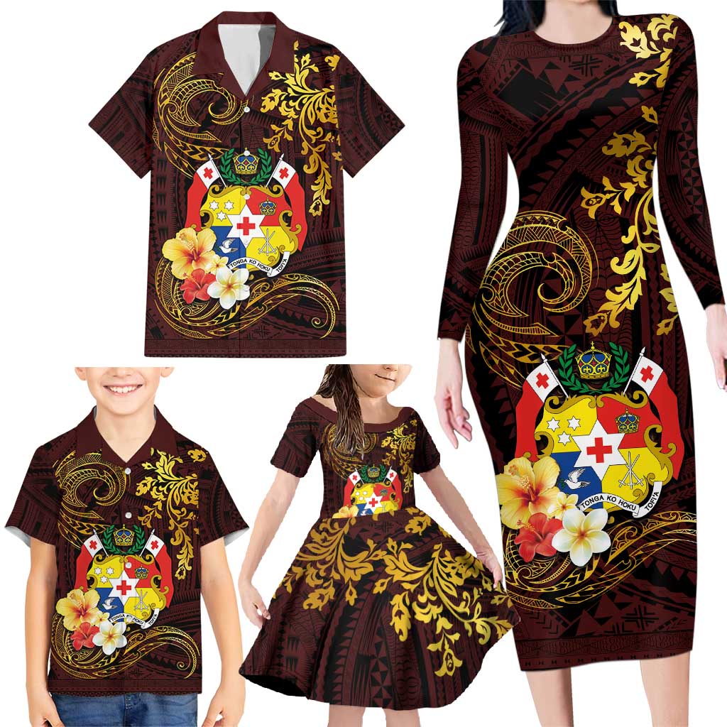 Tonga Ngatu and Hibiscus with Polynesian Tattoo Family Matching Long Sleeve Bodycon Dress and Hawaiian Shirt Gold and Oxblood Color LT03 - Polynesian Pride