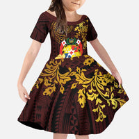 Tonga Ngatu and Hibiscus with Polynesian Tattoo Family Matching Mermaid Dress and Hawaiian Shirt Gold and Oxblood Color LT03 Daughter's Dress Oxblood - Polynesian Pride