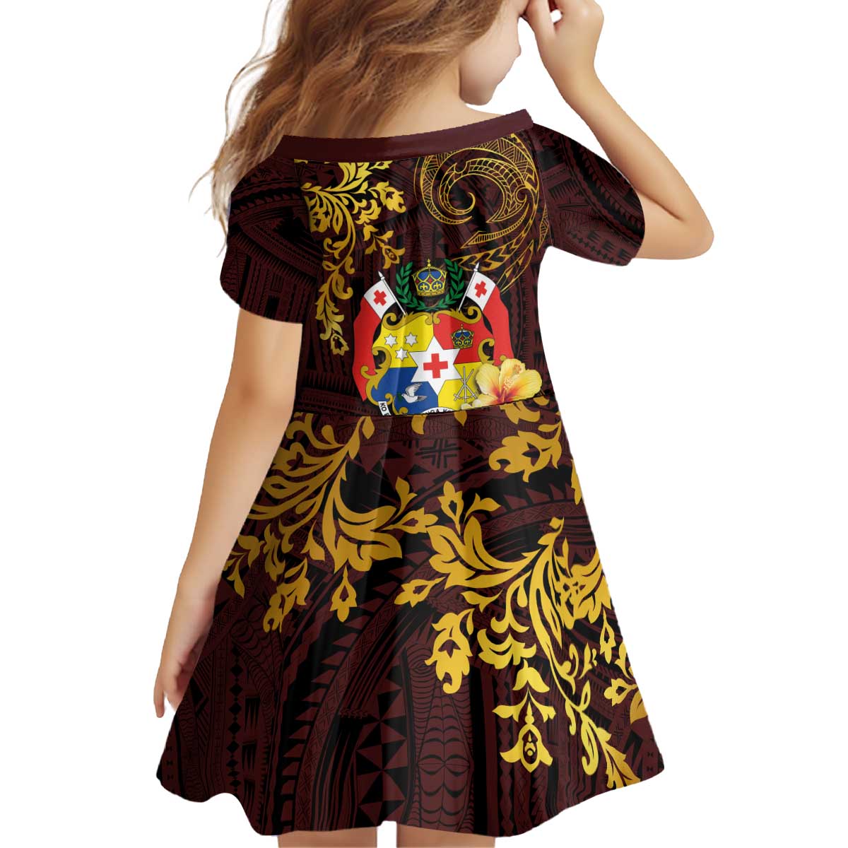 Tonga Ngatu and Hibiscus with Polynesian Tattoo Family Matching Off Shoulder Short Dress and Hawaiian Shirt Gold and Oxblood Color LT03 - Polynesian Pride
